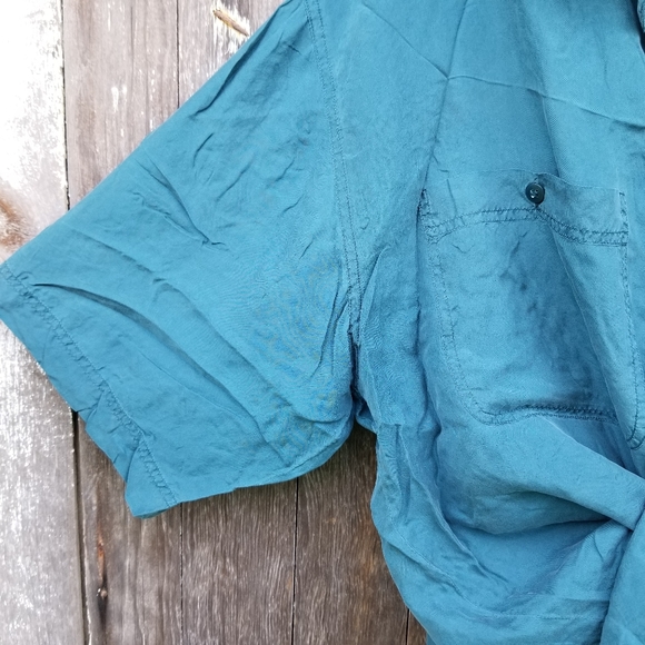 VTG 90s Turquoise Teal Silk Boxy Button Up Shirt - Picture 4 of 11